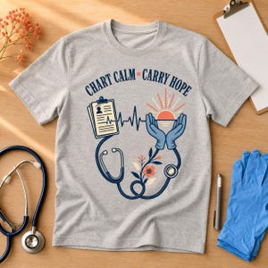 Può includere: Una t-shirt grigio melange con una grafica che riporta il testo "CHART CALM CARRY HOPE". Il disegno include una cartella clinica, una linea del battito cardiaco, uno stetoscopio, un paio di mani con guanti blu che reggono un sole e fiori.