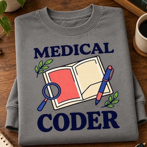 Può includere: Una felpa girocollo grigio antracite con la scritta MEDICAL CODER in blu scuro. La grafica include un libro aperto con una pagina rossa e crema, una lente d'ingrandimento blu, una penna blu e rossa e piccoli dettagli a foglia verde.
