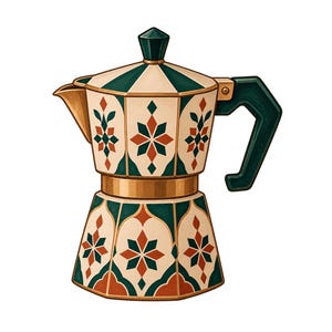 Peut inclure: Une cafetière italienne avec un corps crème orné de motifs géométriques en forme d'étoiles vert foncé et terre cuite. Elle possède une poignée vert foncé, un bouton de couvercle assorti, une bande centrale et un bec verseur dorés.