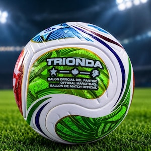 May include: A white soccer ball featuring green, blue, and red graphic patterns. The ball displays the text TRIONDA with a star, maple leaf, and flower icon, followed by the text BALON DFFICIAL DEL PARTIDO, OFFICIAL MARCITRAO, BALLON DE MATCN OFFICIAL.