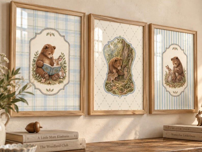 Woodland Nursery Wall Art Set of 3 | Vintage Bear & Bunny Prints ...