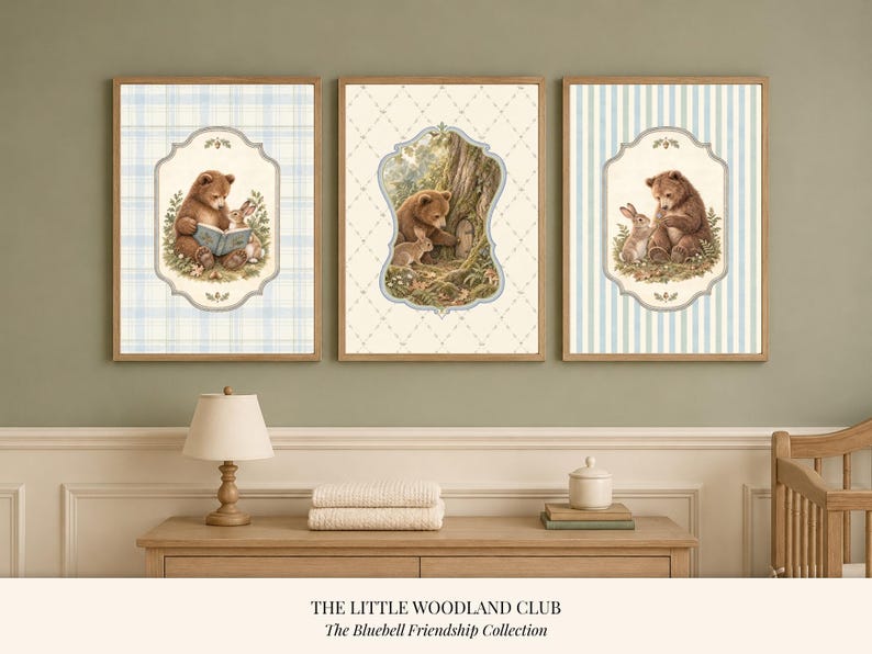 Woodland Nursery Wall Art Set of 3 | Vintage Bear & Bunny Prints ...