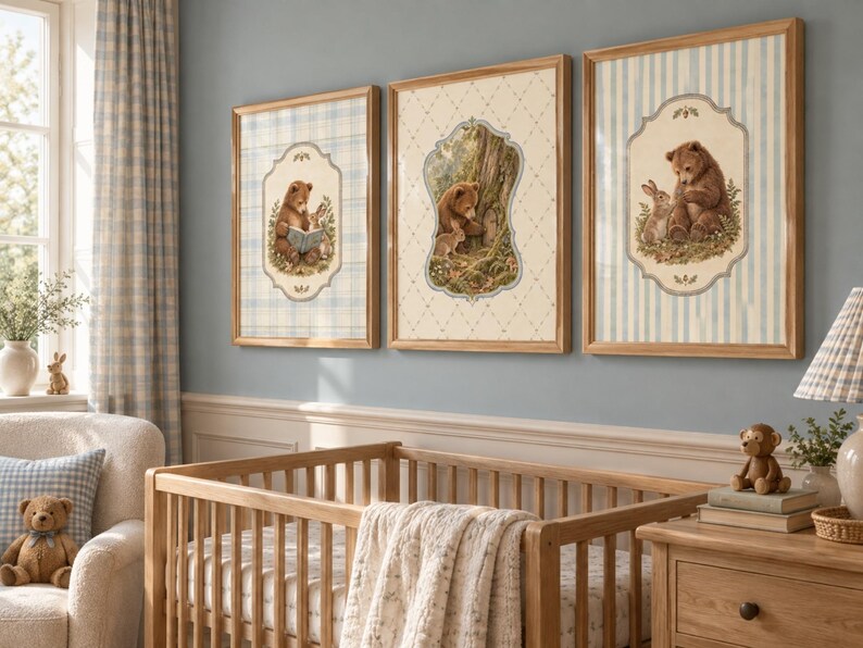 Woodland Nursery Wall Art Set of 3 | Vintage Bear & Bunny Prints ...