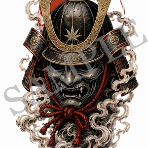 May include: A black samurai helmet with gold accents and a cannabis leaf emblem, featuring a dark metallic face mask with bared teeth, tied with a red cord, surrounded by swirling white smoke and a red circular background element.