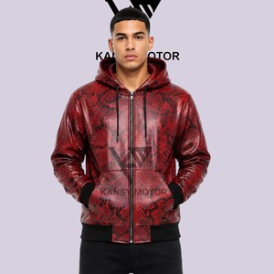 Handmade Men"s Red Snakeskin Leather Hooded Jacket, Python Print Bomber Hoodie, Bold Leather Coat, Urban Luxury Outfit, Gift for Him