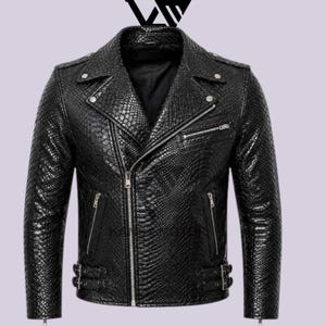 May include: A black motorcycle jacket featuring a textured snakeskin pattern. The jacket includes a notched lapel, an asymmetrical silver-tone front zipper, two zippered side pockets, one zippered chest pocket, and adjustable buckle straps at the waist.