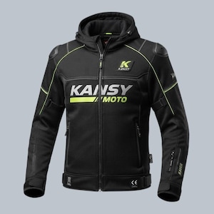 May include: A black motorcycle jacket with a hood, featuring the white and yellow text KANSY MOTO on the chest. The jacket includes neon yellow piping, a full-length front zipper, protective shoulder panels, and adjustable cuffs with velcro straps.