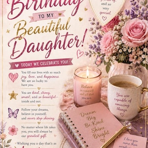 Op de afbeelding: Een verjaardagskaart voor een dochter met roze bloemaccenten, een hartvormig label, een brandende kaars, een mok, een spiraalnotitieboek met de tekst Dream Big Be Kind Shine Bright, een gouden pen en een briefje met een liefdevolle tekst.