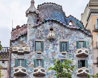 Color Photo Casa Battlo 2, Barcelona, Spain Travel Photograph Famous Building by Architect Antoni Gaudi