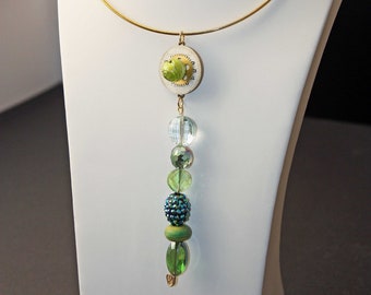 Beautiful Metal & Glass Bead / Watch Part Pendant Necklace Choker - Repurposed, Upcycled Jewelry