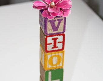 Wood "VIOLET" Decoration / Sign made from Vintage Children's Toy Building Blocks & Enamel Brooch Pin - Re-Purposed, Up-Cycled