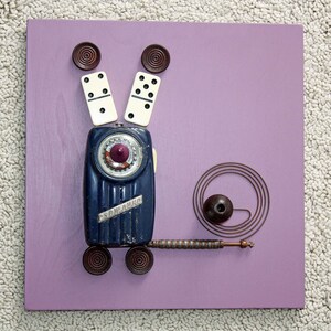 Mouse Sign / Wall Plaque Repurposed Art - Vintage Flashlight, Spindle, Wood Game Pieces, Bottle Cap, Dominoes - Salvage Art