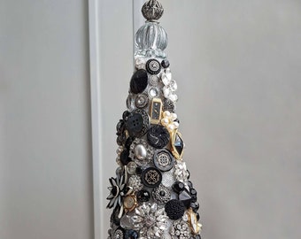 Jeweled Decorated Table Top Christmas Tree - Watches, Crystals, Buttons, Brooches, Glass, Rhinestones