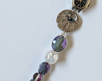 Watch Parts Christmas Decoration Ornament / Sun Catcher with Purple & Crystal Glass Beads