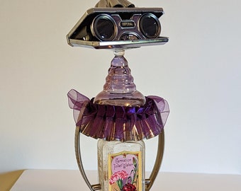 Philomena - Mixed Media Sculpture, Re-Purposed Elegant Lady of Baking Tin, Ashtray, Drawer Pulls, Folding Glasses, Vintage Bottle, & Glass