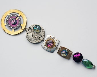 Watch Parts Christmas Decoration Ornament / Sun Catcher with Purple & Green Glass Beads
