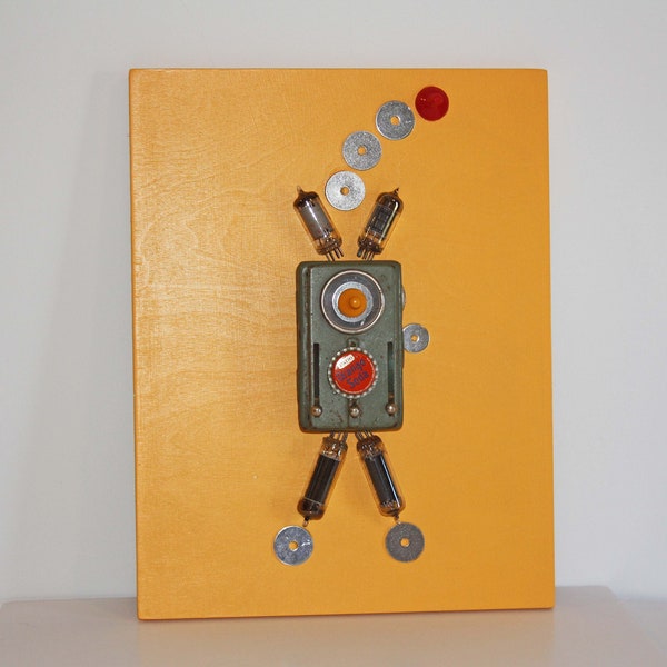 Repurposed Robot Flashlight Man, Steam Punk Soldier, Wall Plaque Art - Vacuum Tubes, Washers, Bottle Cap