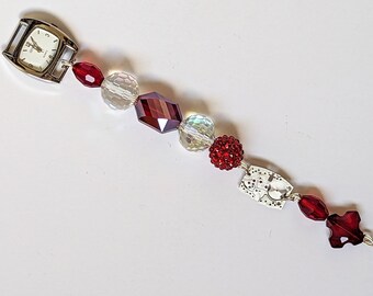Watch Parts Christmas Decoration Ornament / Sun Catcher with Red & White Glass Beads