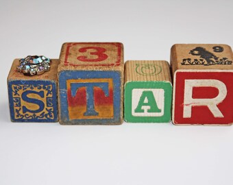 Wood 'STAR' Decoration / Sign made from Vintage Children's Toy Building Blocks & Czech Glass Button - Re-purposed, Up-Cycled