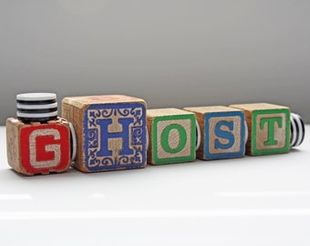 Wood "GHOST" Decoration / Sign made from Antique Children's Toy Building Blocks & Game Pieces - Re-purposed, Up-Cycled
