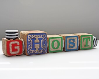 Wood "GHOST" Decoration / Sign made from Antique Children's Toy Building Blocks & Game Pieces - Re-purposed, Up-Cycled