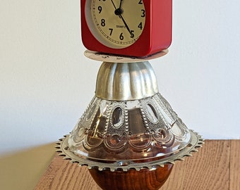 Industrial Clock Finial Sculpture / Totem - Steam Punk Art - Baking Tin, Glass Dish, Bike Gear, Wood Cup - Re-Purposed, Up-Cycled Assemblage