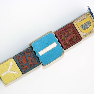 Wood &quot;DAISY&quot; Decoration / Sign made from Antique Children&#39;s Toy Building Blocks & Flower Brooch Pin - Re-Purposed, Up-Cycled