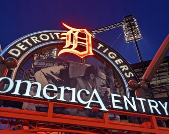 Comerica Park - Detroit Tiger Baseball Stadium Color Photograph at Night