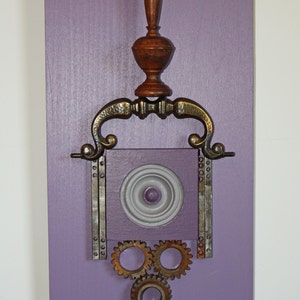 3D Wall Sculpture / Plaque Repurposed Art - Drawer Pull, Spindles, Rusty Gears, Wood Finial - Salvage