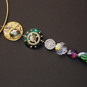 Beautiful Metal & Glass Bead / Watch Part Pendant Necklace Choker - Repurposed, Upcycled Jewelry