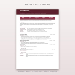 May include: A professional resume template titled Nimbus in deep burgundy. The document features sections for platforms, profile, technical skills, experience, education, and additional information, formatted for Microsoft Word in A4 and US Letter sizes.