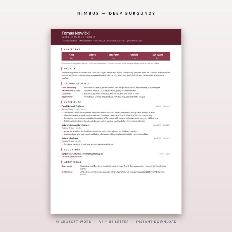 May include: A professional resume template titled Nimbus in deep burgundy. The document features sections for platforms, profile, technical skills, experience, education, and additional information, formatted for Microsoft Word in A4 and US Letter sizes.