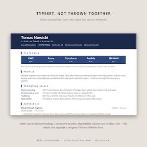 May include: A professional resume template for a Cloud Network Engineer named Tomas Nowicki. The document features a dark blue header, a platforms section with technical skills, and experience details. The text includes specific career information.
