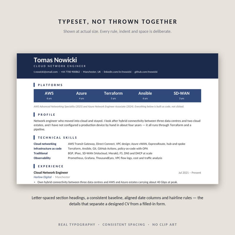 May include: A professional resume template for a Cloud Network Engineer named Tomas Nowicki. The document features a dark blue header, a platforms section with technical skills, and experience details. The text includes specific career information.
