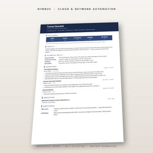 May include: A professional resume template titled Nimbus Cloud & Network Automation featuring a dark blue header with the name Tomas Nowicki, sections for platforms, profile, technical skills, experience, education, and additional information.