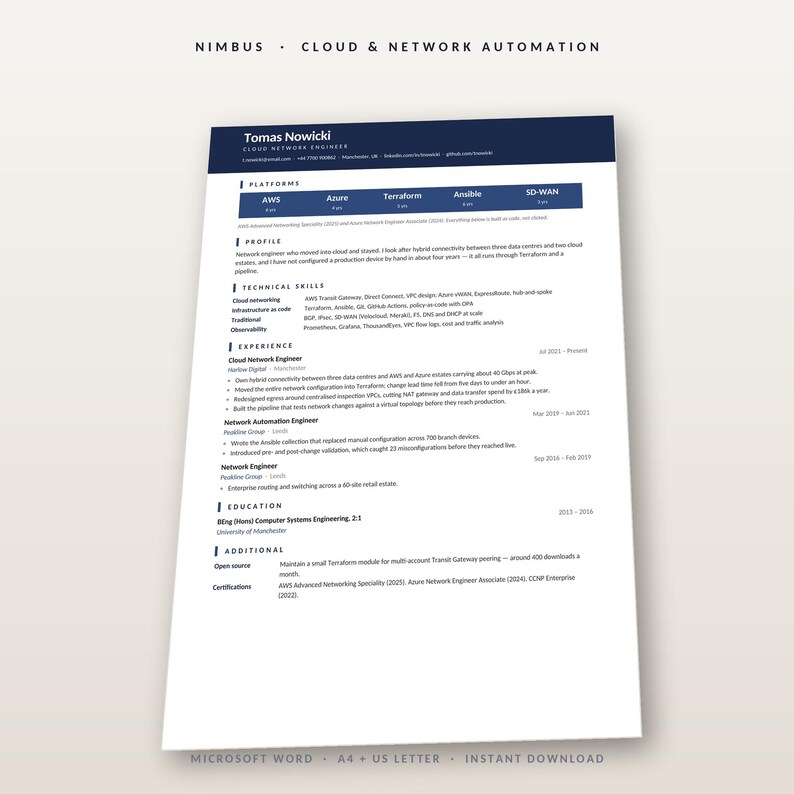 May include: A professional resume template titled Nimbus Cloud & Network Automation featuring a dark blue header with the name Tomas Nowicki, sections for platforms, profile, technical skills, experience, education, and additional information.