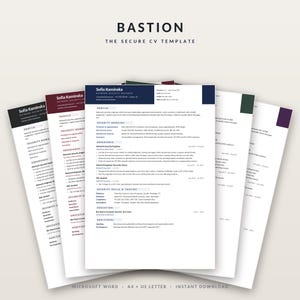May include: A digital CV template titled BASTION THE SECURE CV TEMPLATE, featuring multiple layered resume pages in various color accents including dark blue, maroon, green, and purple, designed for Microsoft Word in A4 and US Letter sizes.