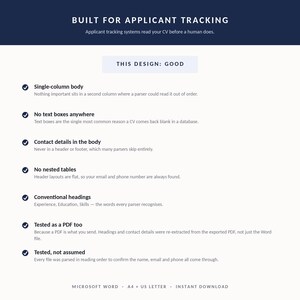 May include: A white infographic document titled BUILT FOR APPLICANT TRACKING with a dark blue header. It lists seven design criteria for CVs including single-column body, no text boxes, contact details in the body, no nested tables, and conventional headings.