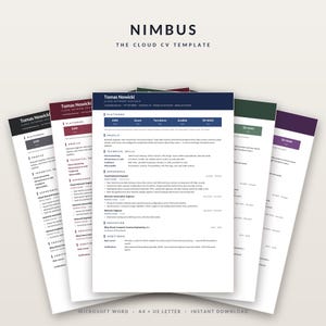 Puede incluir: Una plantilla de CV digital titulada NIMBUS THE CLOUD CV TEMPLATE, que presenta múltiples variaciones de color de un diseño de currículum profesional. El documento incluye secciones para plataformas, perfil, habilidades y experiencia.