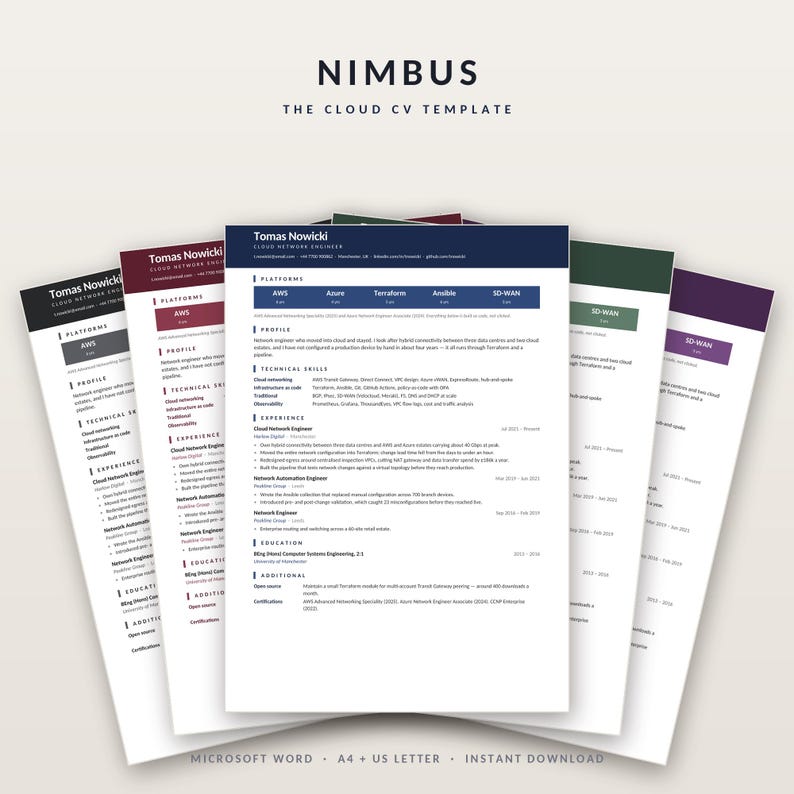 May include: A digital CV template titled NIMBUS THE CLOUD CV TEMPLATE, featuring multiple color variations of a professional resume layout. The document includes sections for platforms, profile, technical skills, experience, and education.