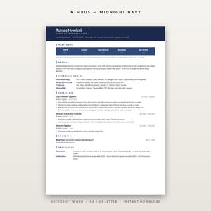 May include: A professional resume template titled Nimbus Midnight Navy, featuring a dark blue header with the name Tomas Nowicki, Cloud Network Engineer. The document includes sections for platforms, profile, technical skills, experience, and education.