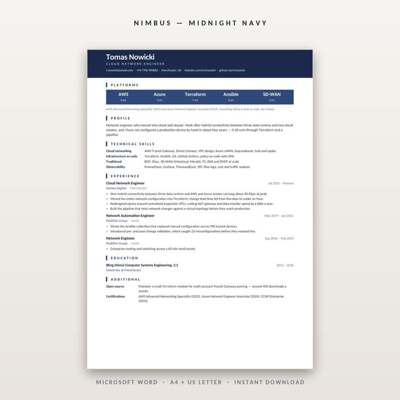 May include: A professional resume template titled Nimbus Midnight Navy, featuring a dark blue header with the name Tomas Nowicki, Cloud Network Engineer. The document includes sections for platforms, profile, technical skills, experience, and education.