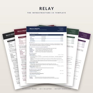 Peut inclure: Un modèle de CV professionnel intitulé RELAY THE INFRASTRUCTURE CV TEMPLATE, avec un en-tête bleu foncé portant le nom Marcus Adeyemi, Network Engineer, et des sections pour les certifications, le profil, les compétences et l'expérience.