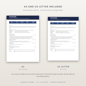 May include: A digital resume template for a Cloud Network Engineer named Tomas Nowicki, presented in both A4 (210 x 297 mm) and US Letter (8.5 x 11 in) formats. The document features a dark blue header, structured sections for skills, experience, and education.