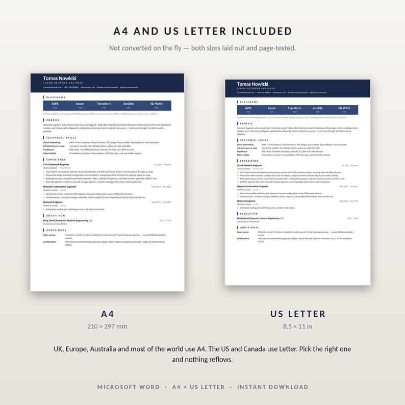 May include: A digital resume template for a Cloud Network Engineer named Tomas Nowicki, presented in both A4 (210 x 297 mm) and US Letter (8.5 x 11 in) formats. The document features a dark blue header, structured sections for skills, experience, and education.