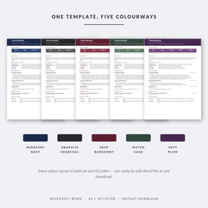 May include: A digital resume template set featuring five colorways: midnight navy, graphite charcoal, deep burgundy, muted sage, and soft plum. Each document includes sections for profile, technical skills, experience, and education. Text reads: ONE TEMPLATE, FIVE COLOURWAYS.