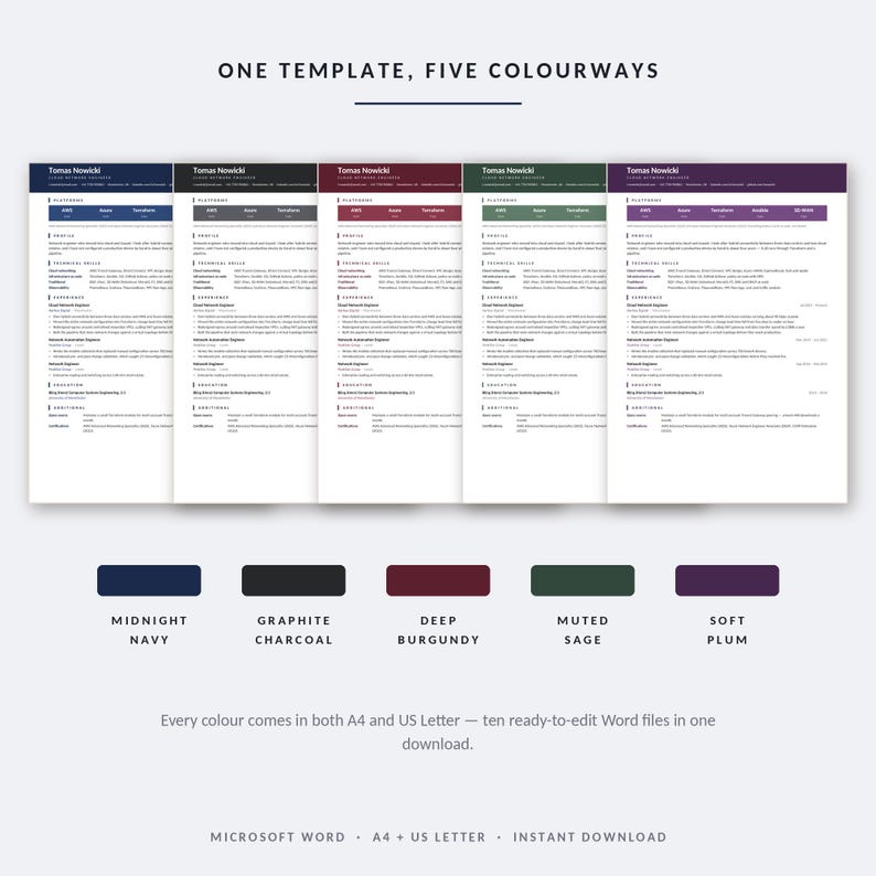 May include: A digital resume template set featuring five colorways: midnight navy, graphite charcoal, deep burgundy, muted sage, and soft plum. Each document includes sections for profile, technical skills, experience, and education. Text reads: ONE TEMPLATE, FIVE COLOURWAYS.