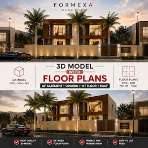 Könnte beinhalten: Ein 3D-Architekturmodell einer zweistöckigen Villa mit Palmen, das den Text FORMEXA DESIGN STUDIO, 3D MODEL WITH FLOOR PLANS OF BASEMENT + GROUND + 1ST FLOOR + ROOF und VILLA 22 GREEN VIEW COMMUNITY enthält.