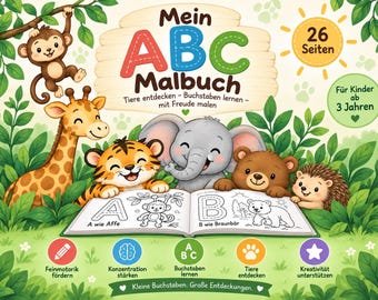 ABC Malbuch für Kinder ab 3 Jahren | Tiere von A–Z | Buchstaben lernen & schreiben üben | 26 Ausmalbilder | PDF Download