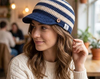 May include: A crocheted baseball-style cap featuring horizontal stripes in navy blue and cream. The cap has a solid navy blue brim, a small brown wooden button accent on the side, and a white rectangular fabric tag with a circular logo.